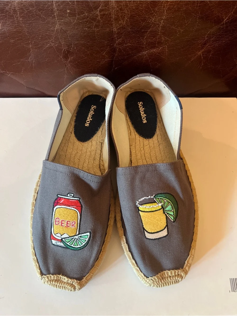 Soludos Mens Original Espadrille Embroidery Beer Ceniza Gray Sz 8-8.5 New